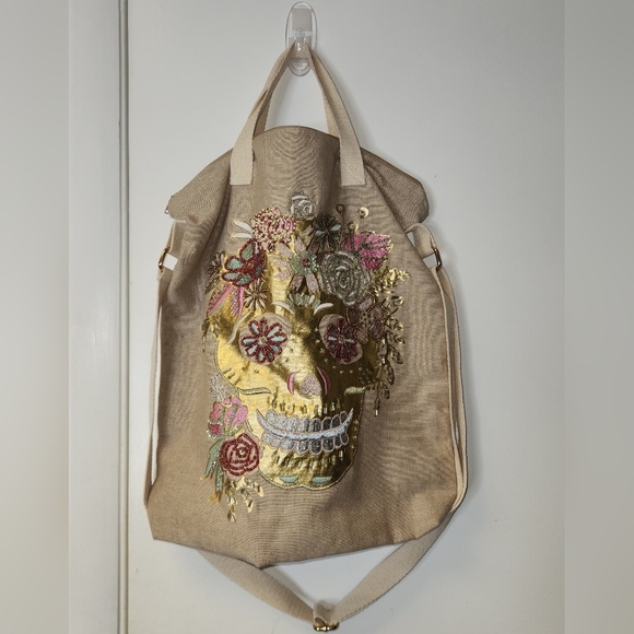 Sugar Skull Rose Flower Day of the Dead Handbag Shoulder In Tan - Picture 4 of 11